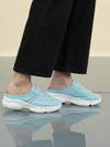 Shop Women Sky Blue Laser Cut Floral Design Hook and Loop Back Open Slip On Mules Shoes Online.