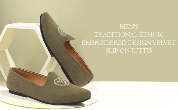 Men Grey Traditional Ethnic Embroidered Design Velvet Slip On Juttis & Mojaris For Party|Wedding|Festival