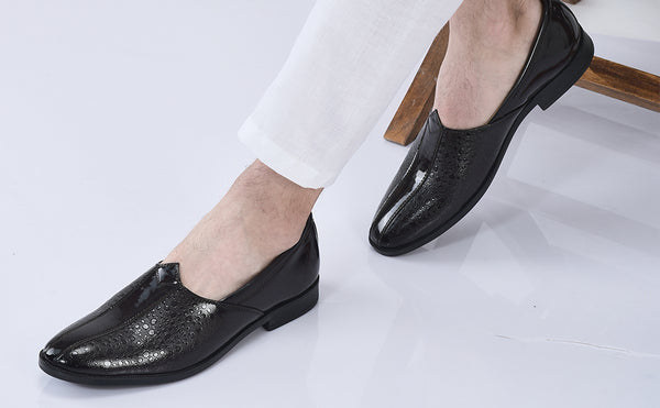 Men Brown Party Ethnic Patent Textured Print Slip On Juttis and Mojaris|Wedding Slip On Shoes|Evening Comfort Insole Mojaris