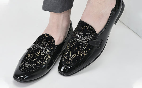 Men Black Velvet Patent Leather Horsebit Buckle Ethnic Slip On Shoes|Party Shoe|Office Shoe|Anti Skid Sole