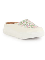 Women White Stiched Floral Print Back Open Height Enhancer Flatform Heel Slip On Casual Shoes