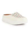 Women White Stiched Floral Print Back Open Height Enhancer Flatform Heel Slip On Casual Shoes