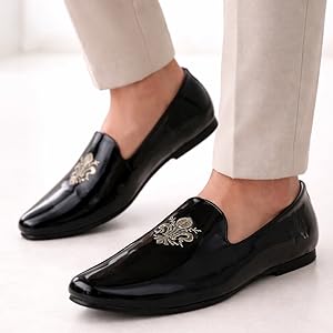 Men Black Patent Glossy Ethnic Embroidered Design Slip On Shiny Juttis & Mojaris For Party|Wedding|Festival