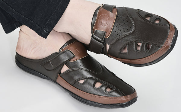 Men Brown Back Open Laser Cut Design Slip On Sandal with Ankle Strap