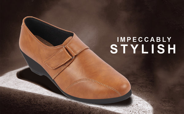 Women Tan Outdoor Fashion Hook and Loop Platform Heel Slip On Shoes