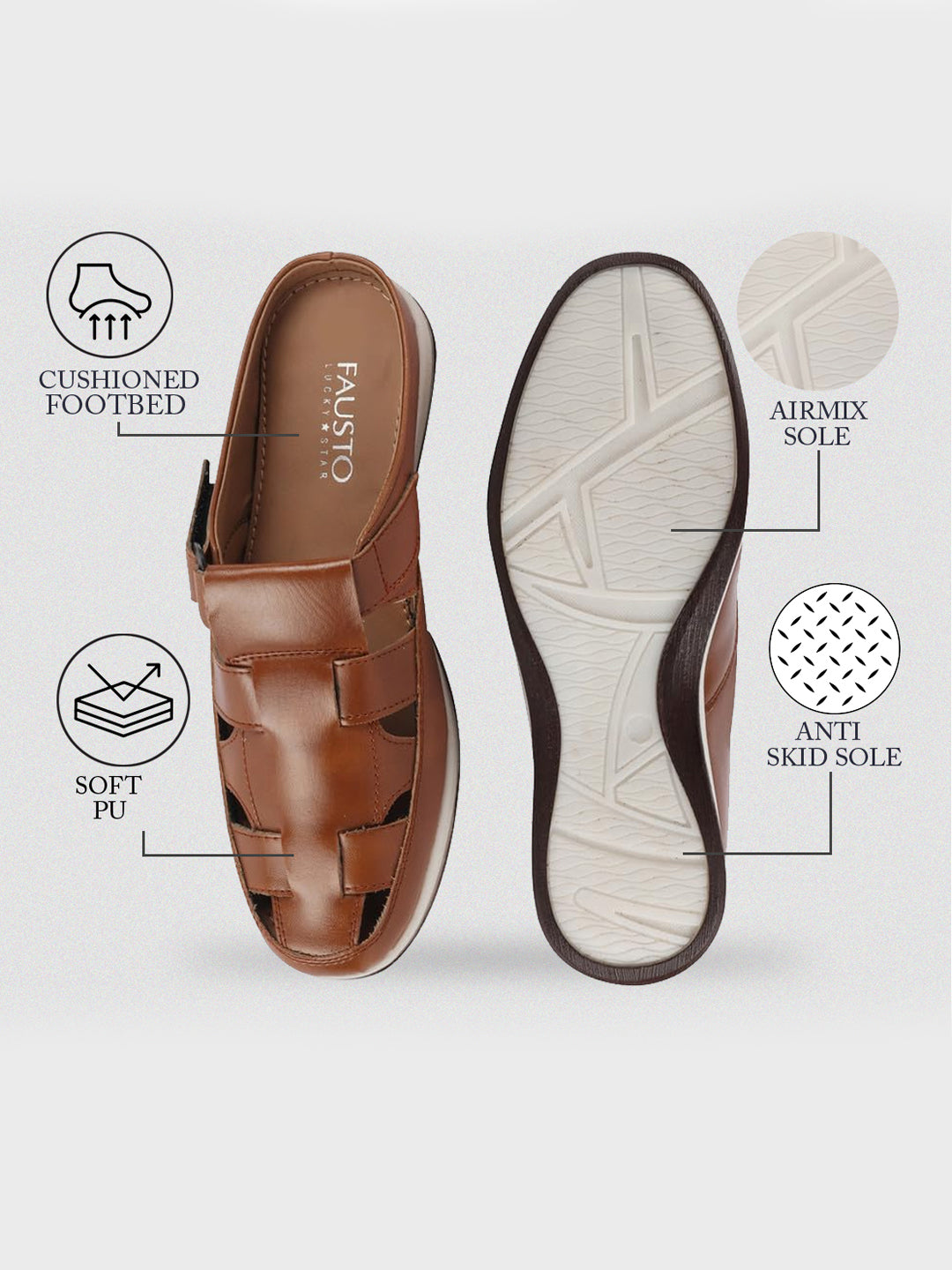 Shop Men Tan Laser Cut Design Multi Strap Back Open Perforated Hook and Loop Sandals Online.