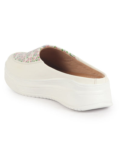 Women White Stiched Floral Print Back Open Height Enhancer Flatform Heel Slip On Casual Shoes