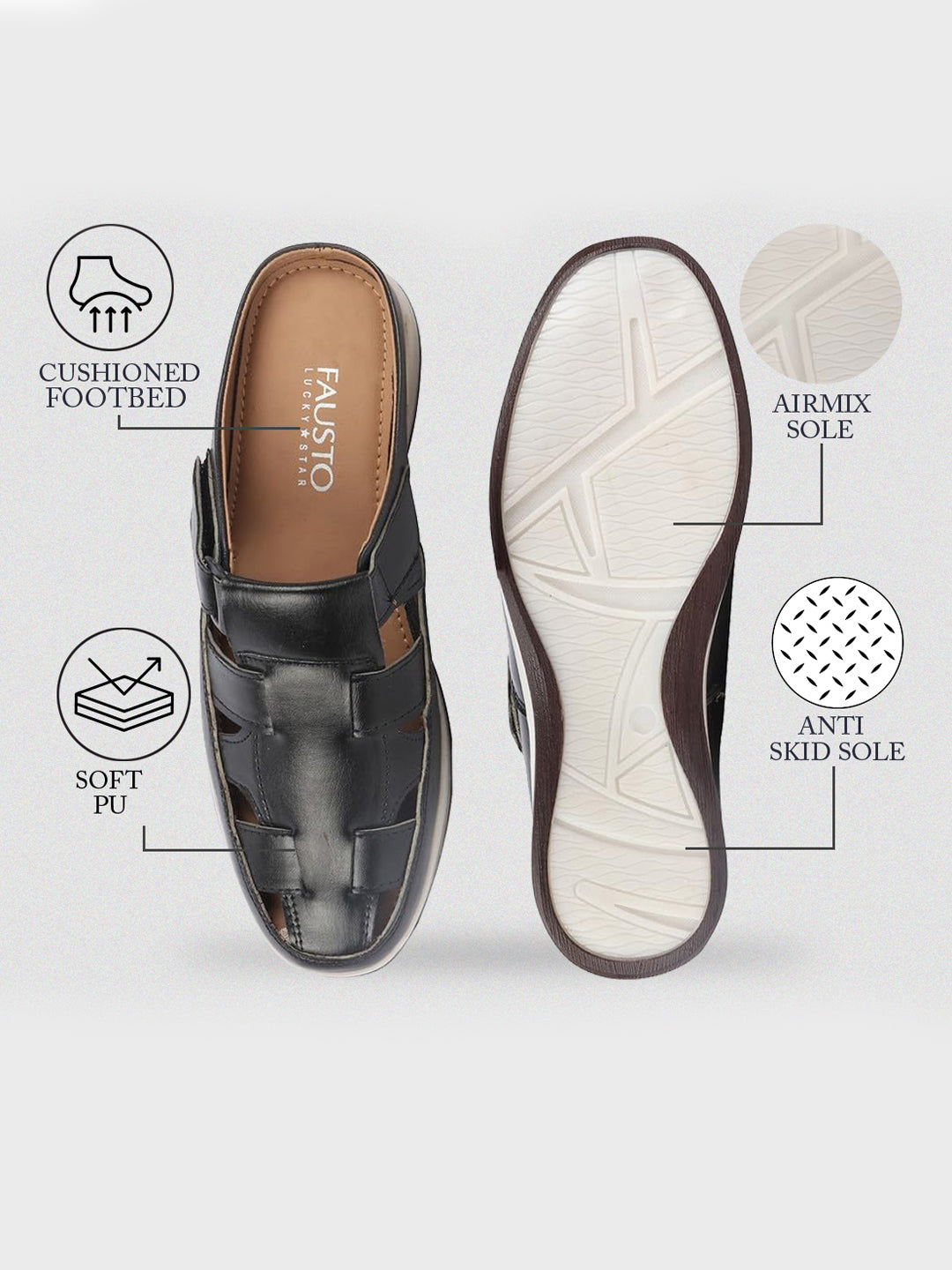 Shop Men Black Laser Cut Design Multi Strap Back Open Perforated Hook and Loop Sandals Online.