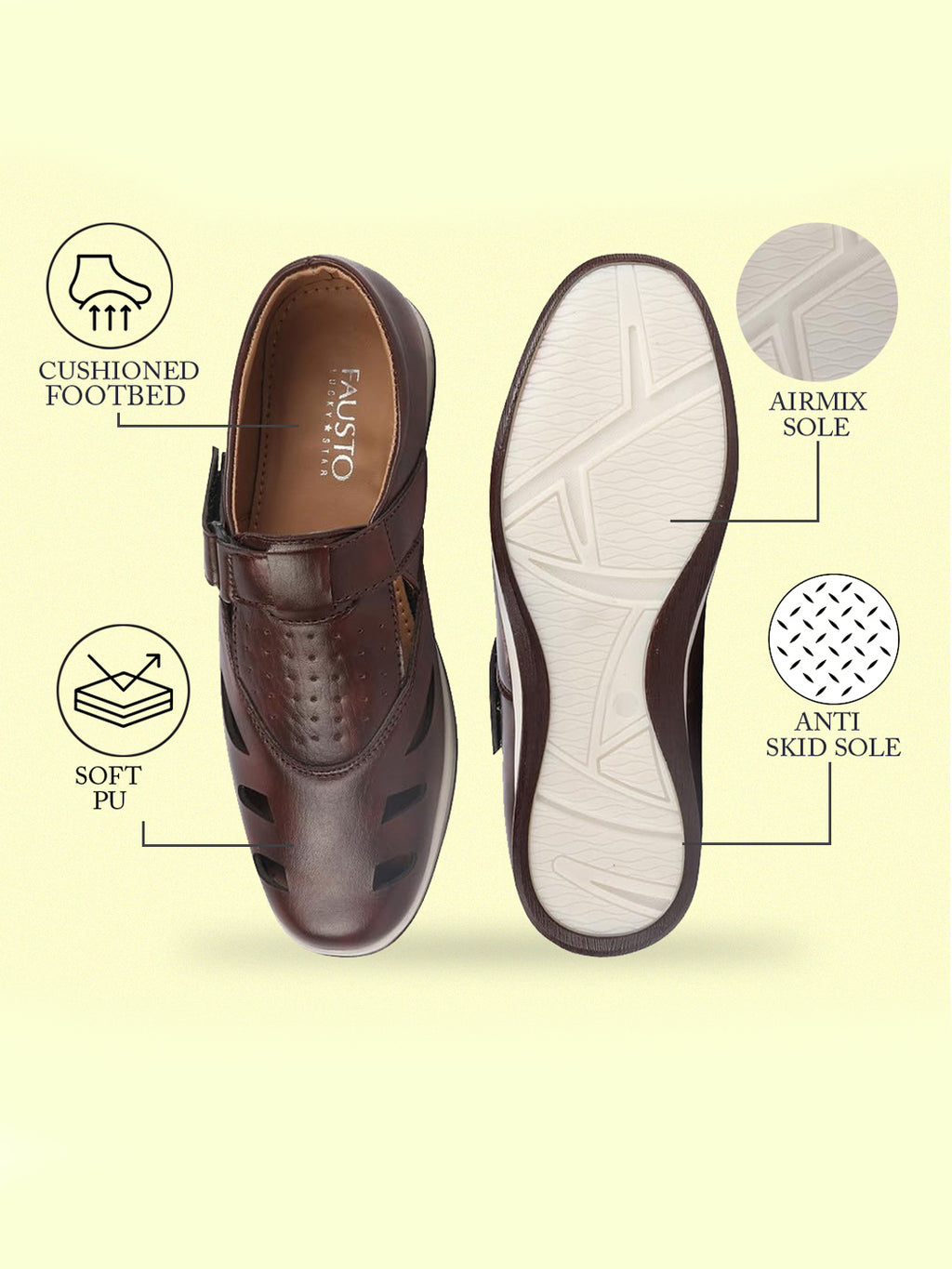 Shop Men Brown Laser Cut Design Perforated Day Long Comfort Hook and Loop Sandals Online.