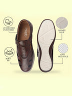 Shop Men Brown Laser Cut Design Perforated Day Long Comfort Hook and Loop Sandals Online.