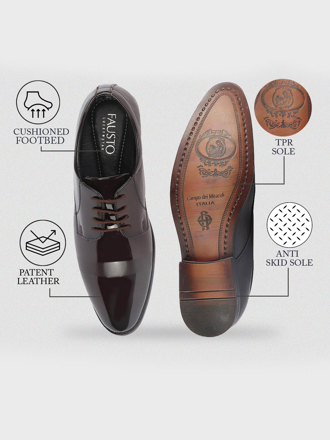 shop men brown patent leather party formal textured strip lace up shoes online.