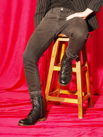 Shop Men High Ankle Leather Hook Lace Up Side Zipper Boots