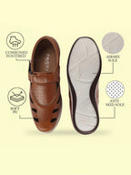 Shop Men Tan Laser Cut Design Perforated Day Long Comfort Hook and Loop Sandals Online.