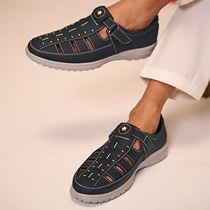 FAUSTO Men Black Feather Light EVA Sole Shoe Style Comfortable Dress Sandal With Memory Cushion|Stitched Hook & Loop Sandal For Work|Evening|Festive