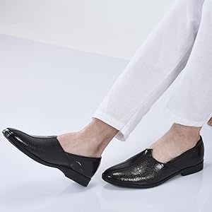 Men Brown Party Ethnic Patent Textured Print Slip On Juttis and Mojaris|Wedding Slip On Shoes|Evening Comfort Insole Mojaris