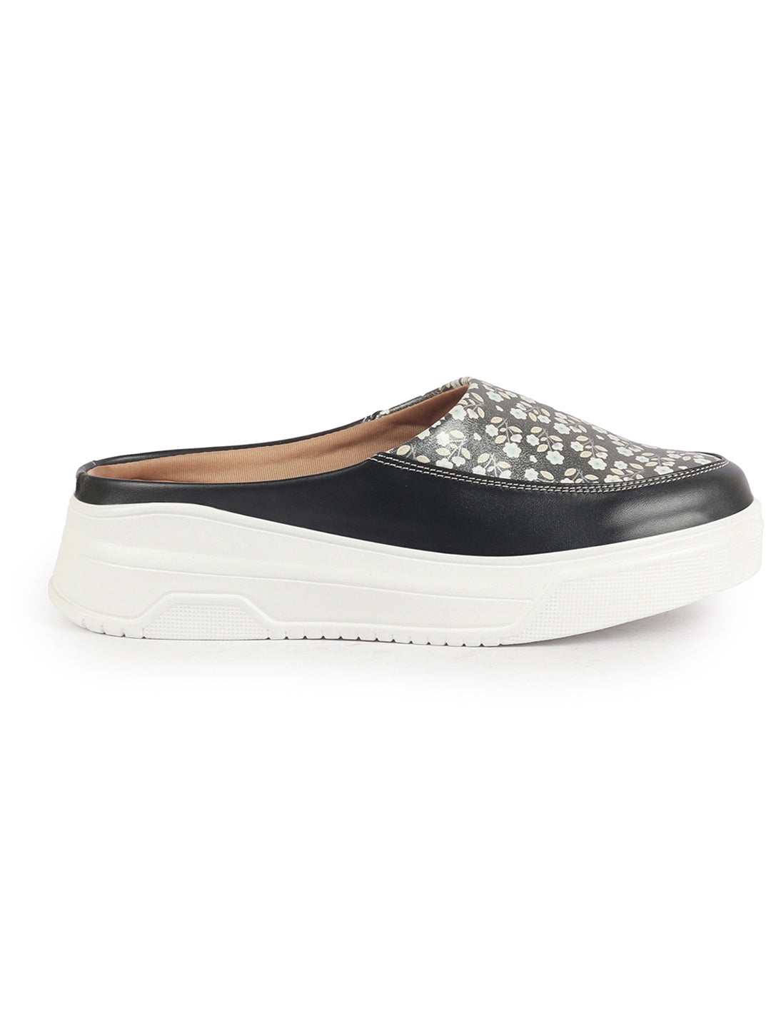 Shop Women Peach Stiched Floral Print Back Open Height Enhancer Flatform Heel Slip On Casual Shoes Online.