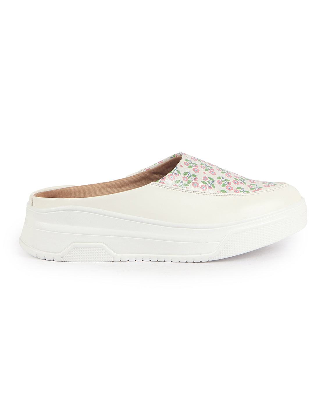 Women White Stiched Floral Print Back Open Height Enhancer Flatform Heel Slip On Casual Shoes