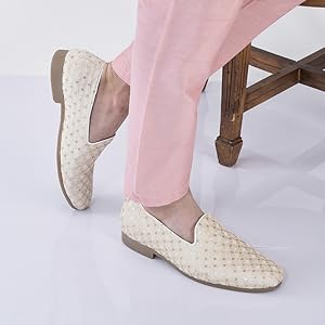 Men White Embroidered Sequin Ethnic Slip-On Juttis and Mojaris with Anti Skid Sole|Traditional Loafer Sherwani Shoes for Wedding, Reception, Party, Sangeet and Festive Outfits