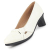 Women White Chic Design Mid Pump Heel Ballerina with Textured Toe | Formal Cross Strap Detail Slip On Ballet | Memory Cushioned Insole
