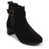 Women Black Flared Heel High Ankle Suede Leather Classic Winter Buckle Strap Chelsea Boots