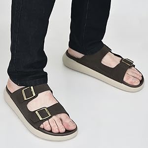 Men Brown Open Toe Buckle Strap Stitched Waterproof Sandals|Soft Cushioned Insole|Summer Slip-On Slipper|Perfect For Monsoon Rainy Season