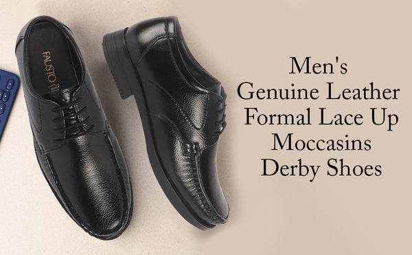 Men Brown Genuine Leather Formal Lace Up Moccasins Derby Shoes for Office|Memory Cushion Work Shoes Lace-Ups