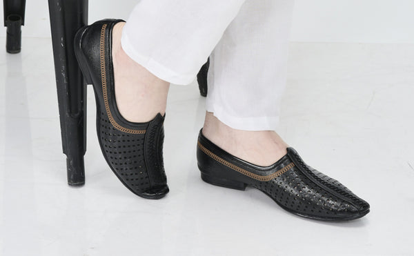 Men Brown Laser Cut Design Stitched Ethnic Party Slip On Juttis and Mojaris