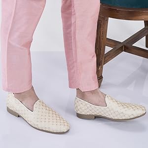 Men White Embroidered Sequin Ethnic Slip-On Juttis and Mojaris with Anti Skid Sole|Traditional Loafer Sherwani Shoes for Wedding, Reception, Party, Sangeet and Festive Outfits