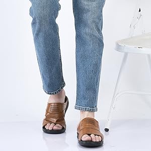 Men Tan Daily Indoor Outdoor Comfort Stitched Design Open Toe Slip On Slipper
