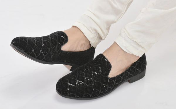 Men Blue Ethnic Velvet Sequin Embroidered Round Toe Juttis and Mojaris for Wedding|Festive Slip-On For Kurtas|Traditional Sherwani Shoes|Prom Slip On Shoes