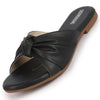 Women Black Bow Design Open Toe Slip On Flats Slippers