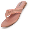 Women Pink Laser Cut Design T-Strap Thong Slip On Flats Slippers