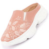 Women Peach Leaf Print Embroidery Design Back Open Slip On Mules Shoes