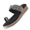 Women Black Toe Ring Crystal Strap Slip-On Ethnic Party Dress Sandals|Low Heel Wedge Slip On Ortho Slippers|Perfect for Wedding, Indian Festivals, Traditionals