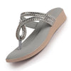 Women Grey T-Strap Slip On Ethnic Sandals with Rhinestone Strap|Wedge Ortho Slip-On Slippers|Perfect for Wedding, Festive Outfits