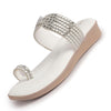 Women White Toe Ring Crystal Strap Slip-On Ethnic Party Dress Sandals|Low Heel Wedge Slip On Ortho Slippers|Perfect for Wedding, Indian Festivals, Traditionals