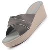 FAUSTO Women Grey Silver Lining Open Toe Cross Strap Wedge Slip On Sandal With Cushioned Footbed|Sandal For Party|Festive|Wedding