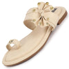 Women Cream Bow Design Toe Ring Slip On Flats Slippers