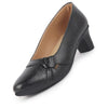 Women Black Chic Design Mid Pump Heel Ballerina with Textured Toe | Formal Cross Strap Detail Slip On Ballet | Memory Cushioned Insole