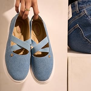 Women Beige Elastic Closure Cross Strap Denim Slip On Height Enhancer Ballet Styled Shoes