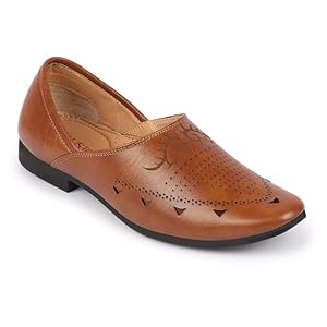 Men Tan Ethnic Wedding Party Laser Cut Perforated Design Slip On Juttis and Mojaris