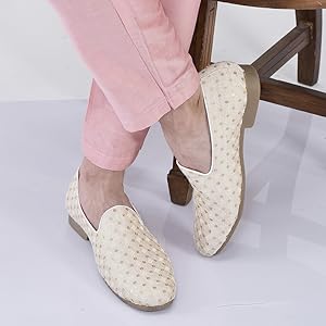 Men White Embroidered Sequin Ethnic Slip-On Juttis and Mojaris with Anti Skid Sole|Traditional Loafer Sherwani Shoes for Wedding, Reception, Party, Sangeet and Festive Outfits