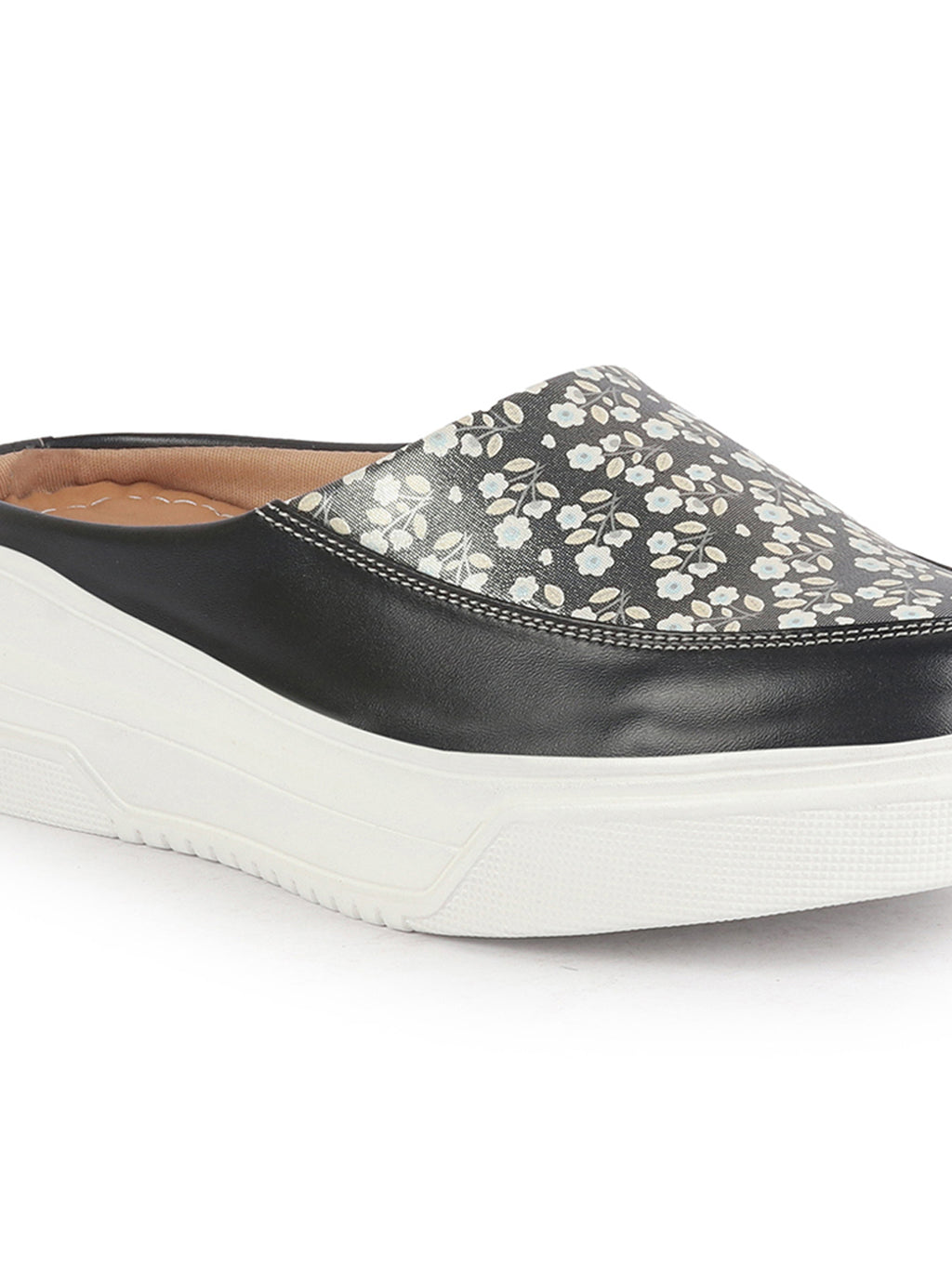 Shop Women Peach Stiched Floral Print Back Open Height Enhancer Flatform Heel Slip On Casual Shoes Online.