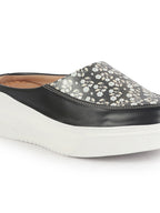 Shop Women Peach Stiched Floral Print Back Open Height Enhancer Flatform Heel Slip On Casual Shoes Online.