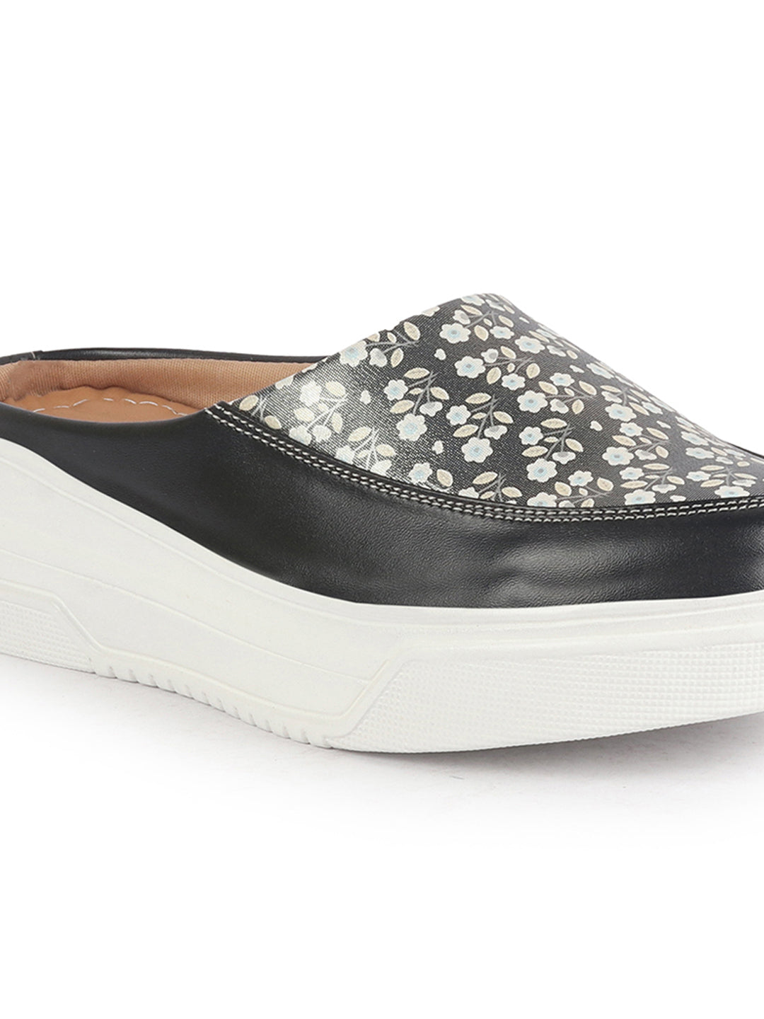 Shop Women Peach Stiched Floral Print Back Open Height Enhancer Flatform Heel Slip On Casual Shoes Online.