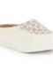 Women White Stiched Floral Print Back Open Height Enhancer Flatform Heel Slip On Casual Shoes