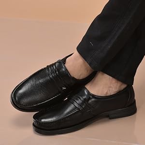 Men Black Genuine Leather Formal Slip On Moccasins Shoes for Office|Memory Cushion Meeting Slip-Ons
