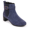 Women Navy Flared Heel High Ankle Suede Leather Classic Winter Buckle Strap Chelsea Boots