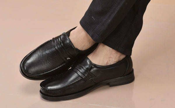 Men Black Genuine Leather Formal Slip On Moccasins Shoes for Office|Memory Cushion Meeting Slip-Ons