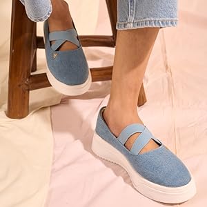 Women Beige Elastic Closure Cross Strap Denim Slip On Height Enhancer Ballet Styled Shoes